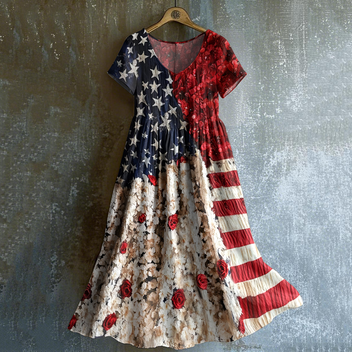 Comstylish Women's Independence Day Flag Floral Print Dress