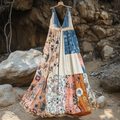 Women's Vintage Bohemian Denim Patch Sleeveless Dress elevenforest
