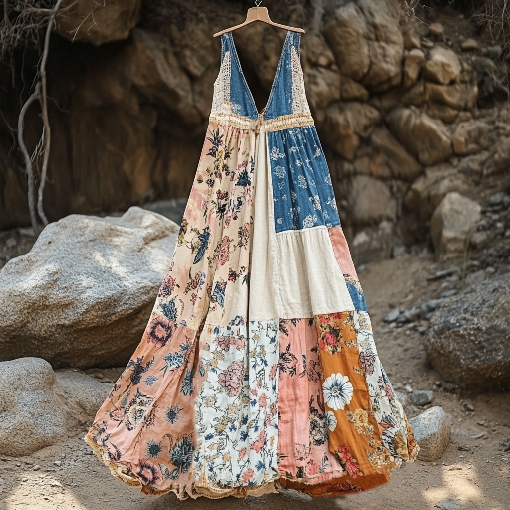 Women's Vintage Bohemian Denim Patch Sleeveless Dress elevenforest