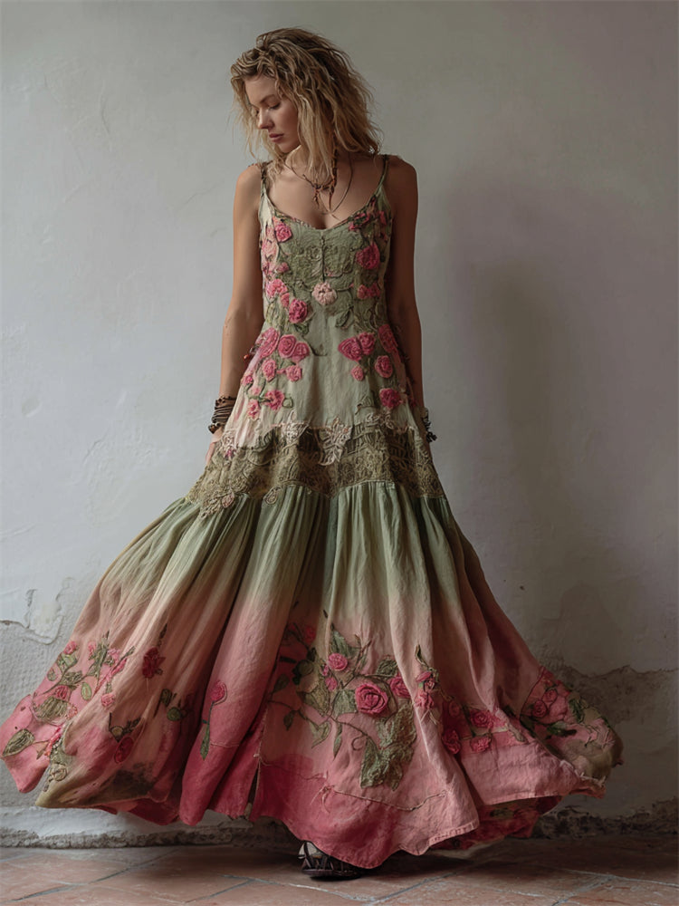 Vintage Pink Roses Natural Gradient Flowy Linen Maxi Dress elevenforest