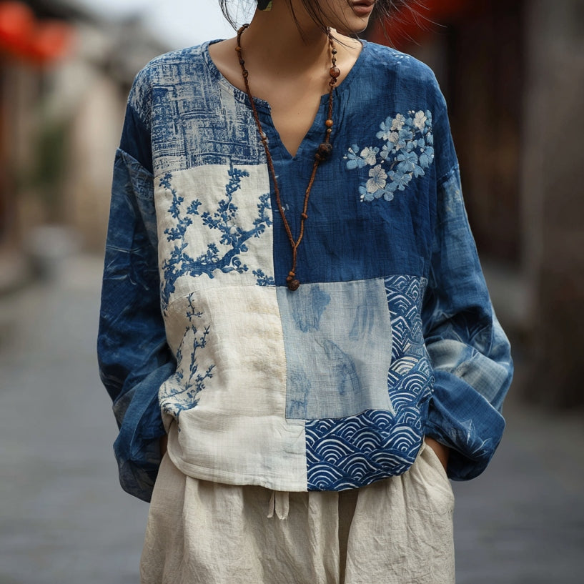 Women's Japanese Traditional Sashiko Floral Patchwork Art V-neck Shirt elevenforest