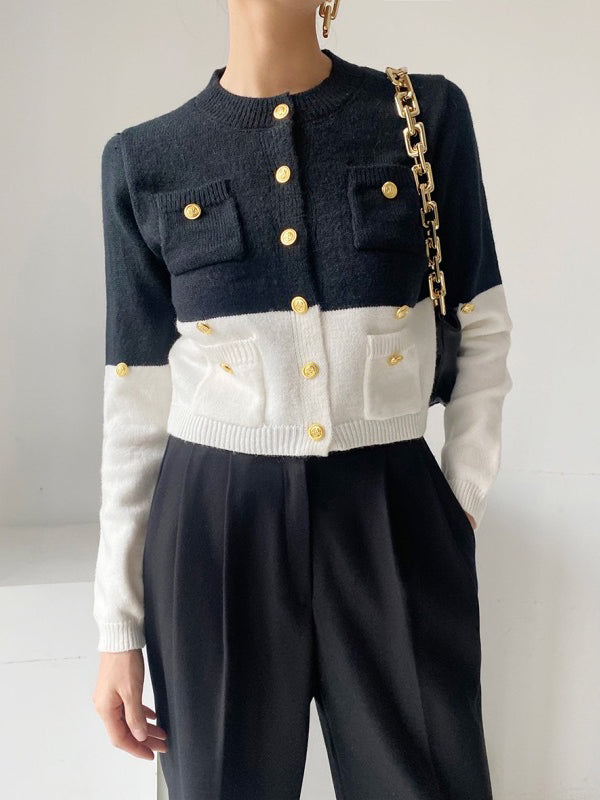 Long Sleeves Buttoned Contrast Color Round-neck Cardigan Tops