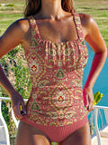 Retro Cashew Flower Ethnic Style Pattern Women's Summer Beach Halter Top And Solid Color Triangle Briefs Tankini Set