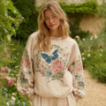Women's Retro Bohemian Style Round Neck Comfortable Linen Top With Butterfly And Floral Pattern elevenforest