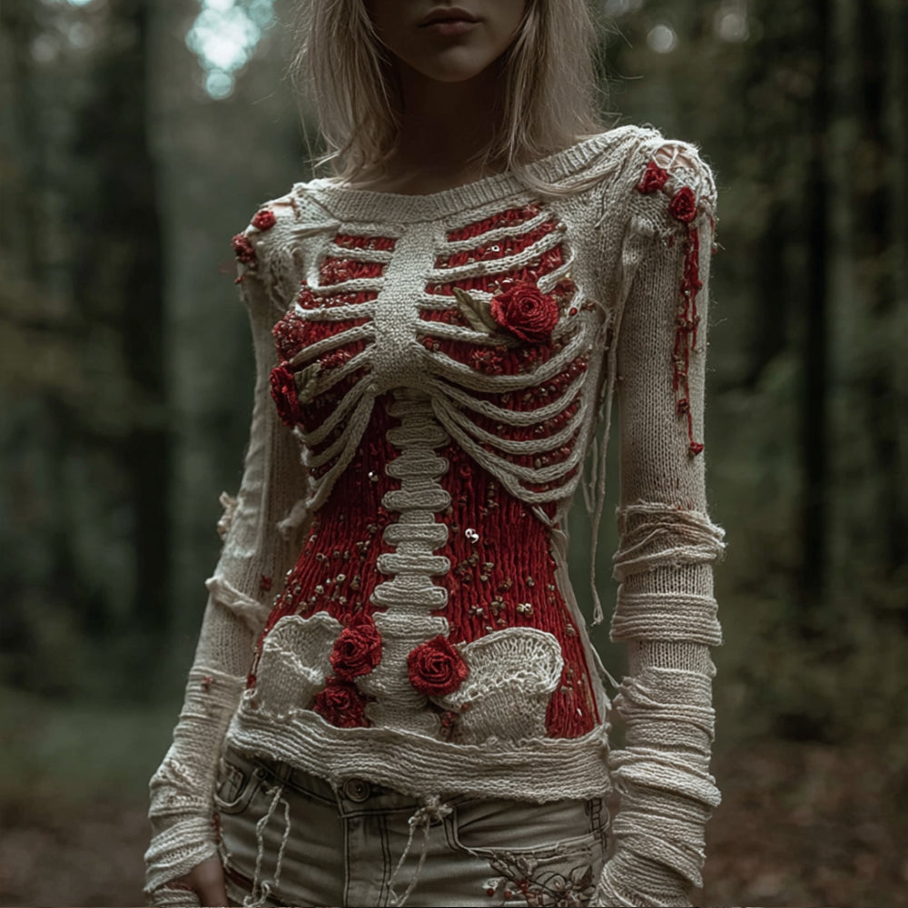 Comstylish Women Halloween Skeleton Rose Ancient Bandage Round Neck Sweater