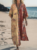 Women's Ethnic Floral Art Print V-Neck Comfort Cotton Pocket Dress
