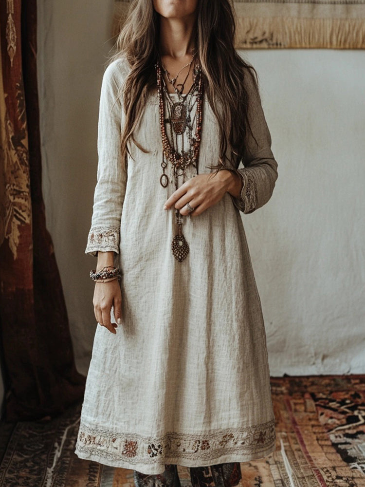 Vintage Floral Embroidered Linen Blend Midi Dress elevenforest