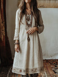 Vintage Floral Embroidered Linen Blend Midi Dress elevenforest