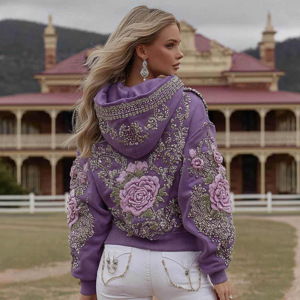 Women's Retro Purple Rose Art Pattern Casual Hoodie elevenforest