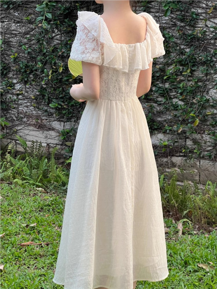 New Summer Off Shoulder Midi Dress Lace Patchwork Ruffles A-line French Prom Robe Vestidos