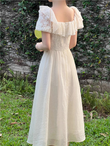 New Summer Off Shoulder Midi Dress Lace Patchwork Ruffles A-line French Prom Robe Vestidos