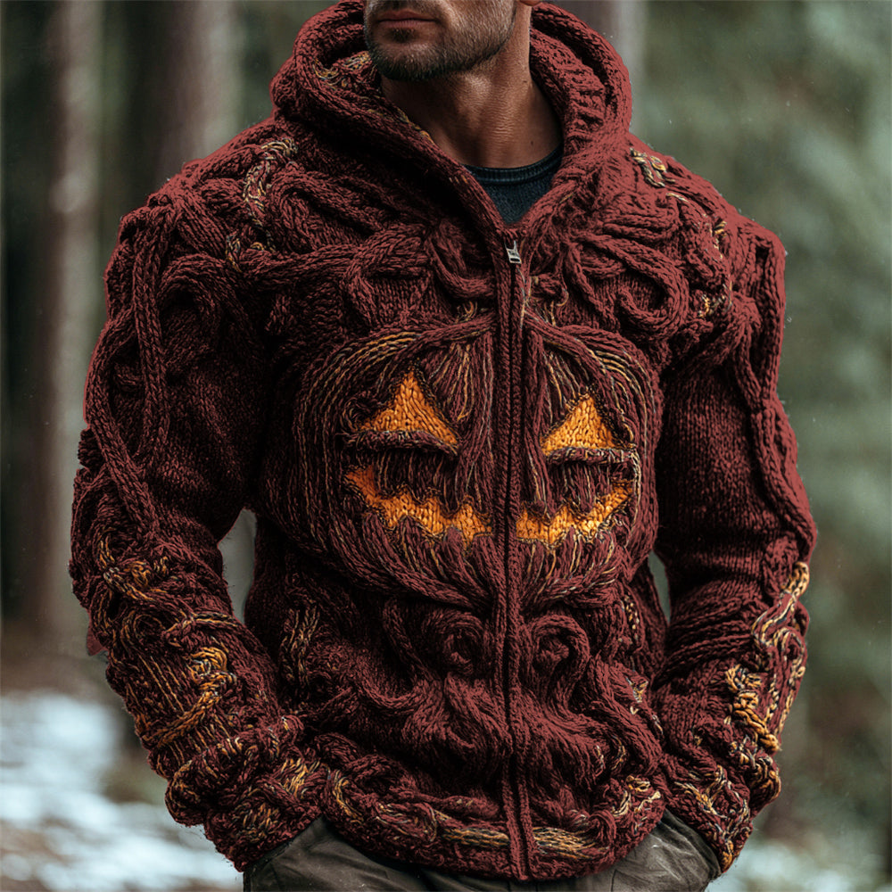 Halloween Pumpkin Emoji Men's Chunky Knit Full Zip Hooded Sweater elevenforest