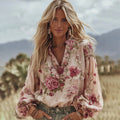 Women's Vintage Rose Art Pattern V-neck Blouse elevenforest