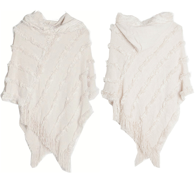 Vintage Solid Fringed Hooded Sweater Pullover Shawl elevenforest