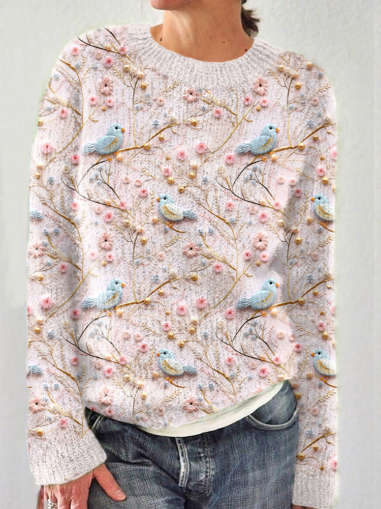 Birds & Flowers Embroidery Art Casual Cozy Knit Sweater artswardrobe