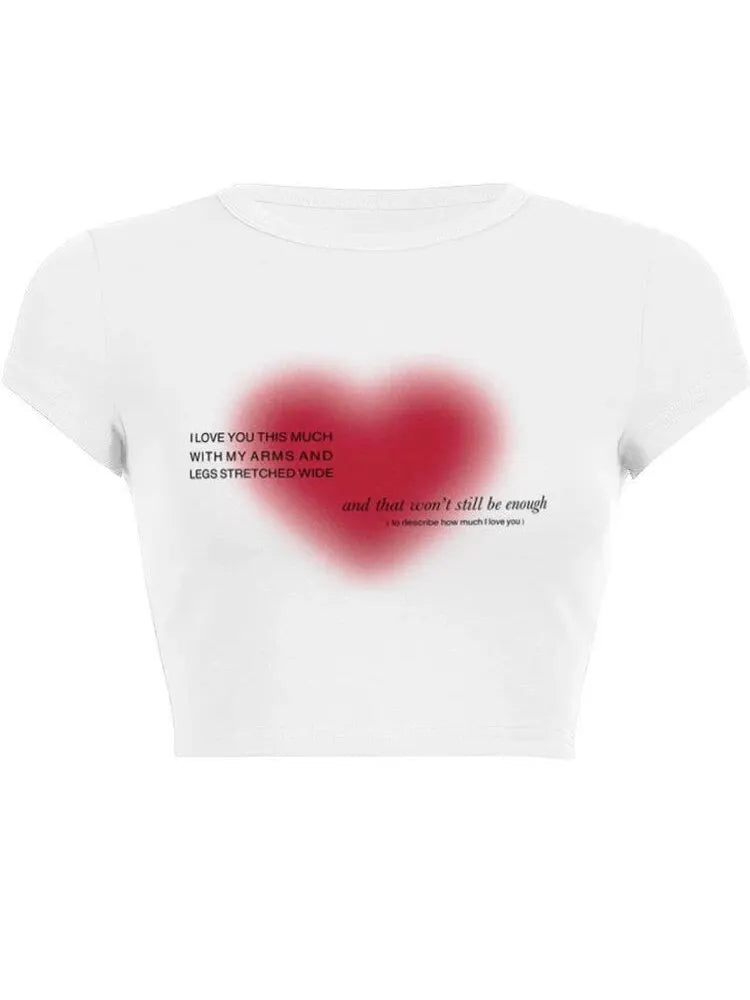 Aesthetic Heart Print T-shirt Anime Letter Kawaii 90’s Crop Tops Summer Short Sleeve Tees Kpop Y2k Clothes Lady