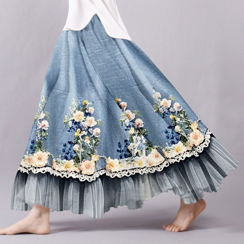 Vintage Floral Lace Patchwork Art Flowy Wide Skirt elevenforest
