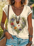 Women's Floral Heart Art Print 100% Cotton V-Neck T-Shirt