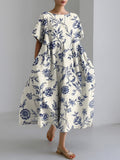 Women's Vintage Blue Floral Print Linen Blend Dress elevenforest