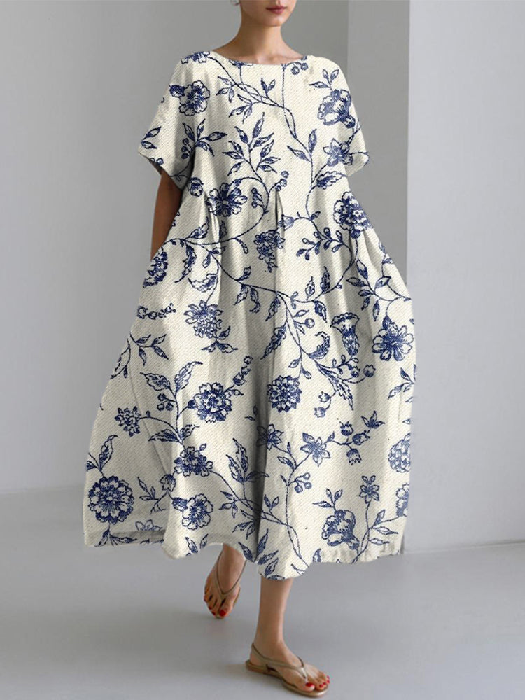 Women's Vintage Blue Floral Print Linen Blend Dress elevenforest