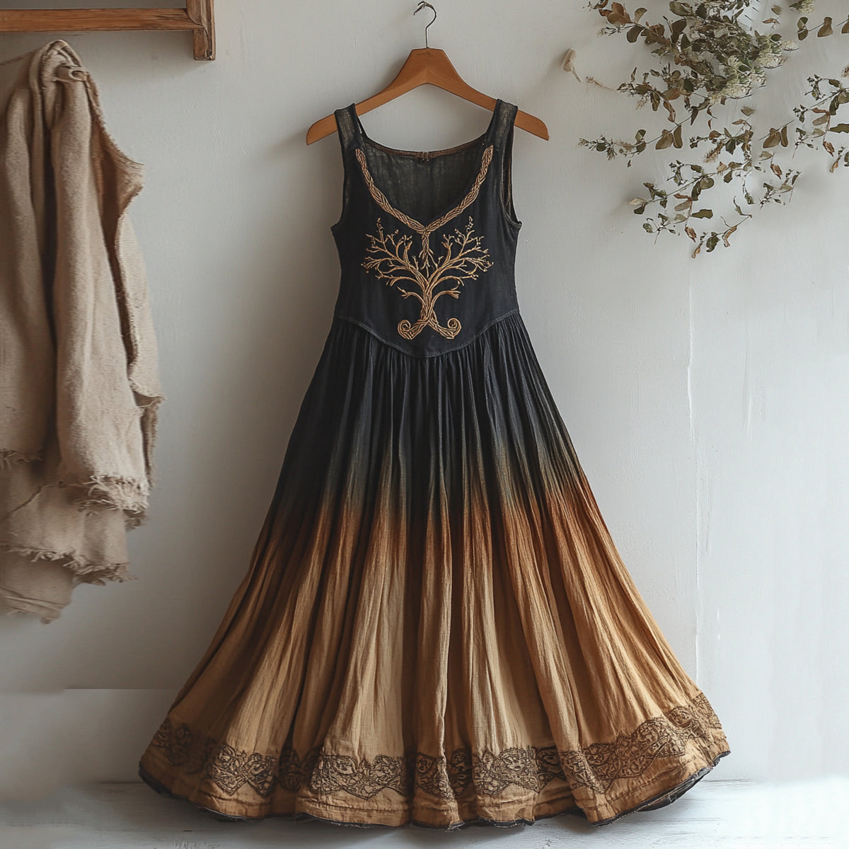 Women's Vintage Viking Tree Of Life Gradient Art Linen Dress elevenforest