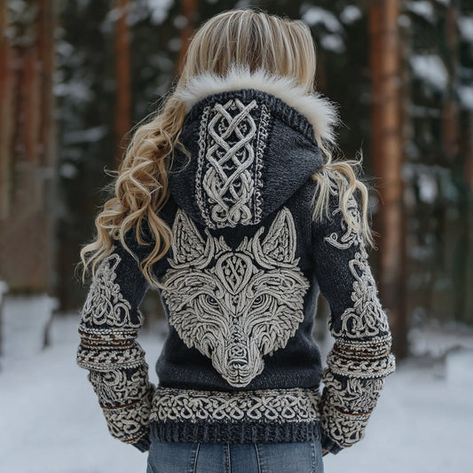 Women's Retro Viking Wolf Jacquard Hooded Knit Sweater Jacket artswardrobe
