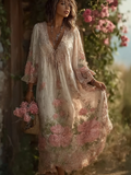 Bohemian Forest Farmhouse Retro Floral Printed Women's V-neck Cotton And Linen Dress elevenforest