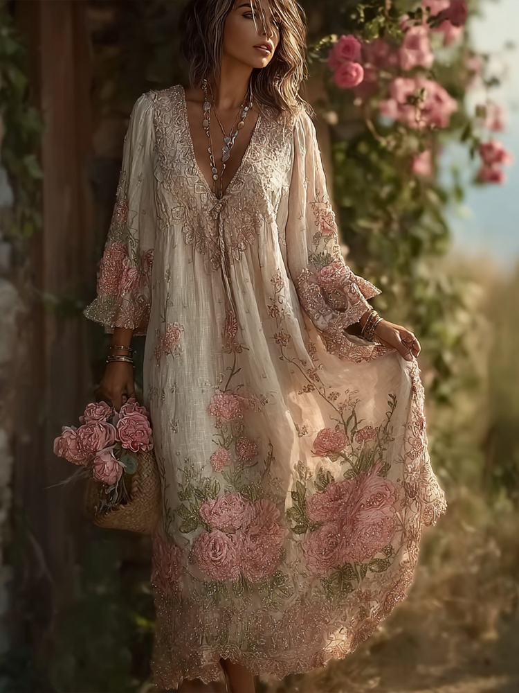 Bohemian Forest Farmhouse Retro Floral Printed Women's V-neck Cotton And Linen Dress elevenforest