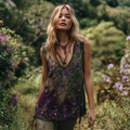 Vintage Purple Rose Embroidery Linen V Neck Vest elevenforest