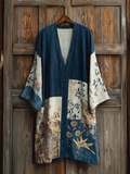 Comstylish Japanese Art Retro Printed Patchwork Design V-neck Dress