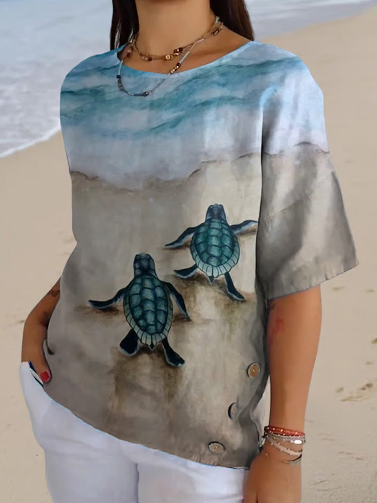 Comstylish Women's Retro Beach Resort Turtle Print Top