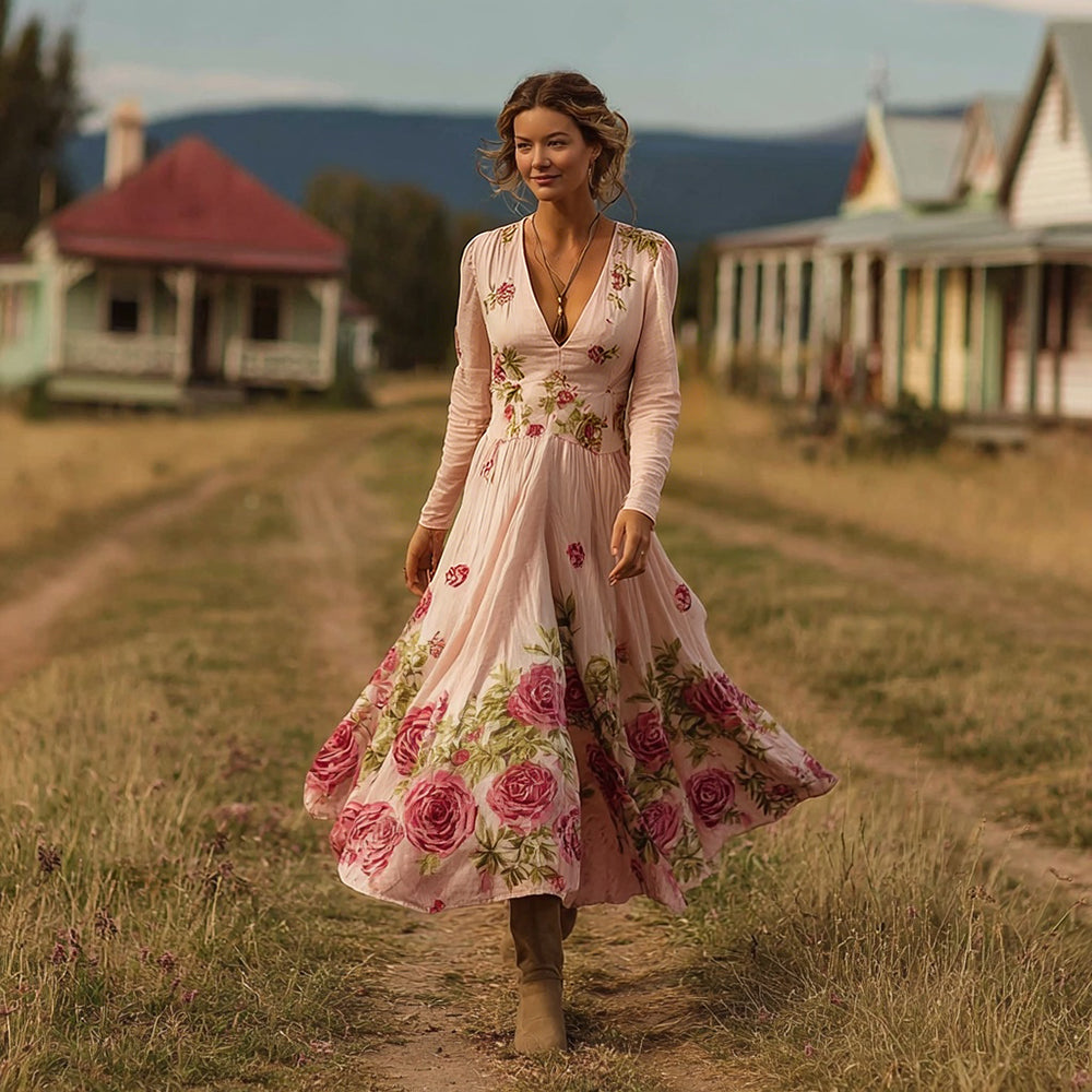 Vintage Boho Roses Print V Neck Flowy Linen Maxi Dress elevenforest