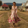 Vintage Boho Roses Print V Neck Flowy Linen Maxi Dress elevenforest