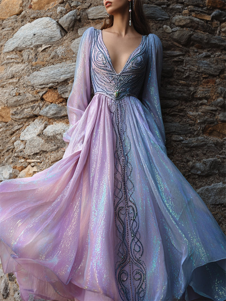 Elegant Opal Inspired Glitter Celtic Flowy Maxi Dress