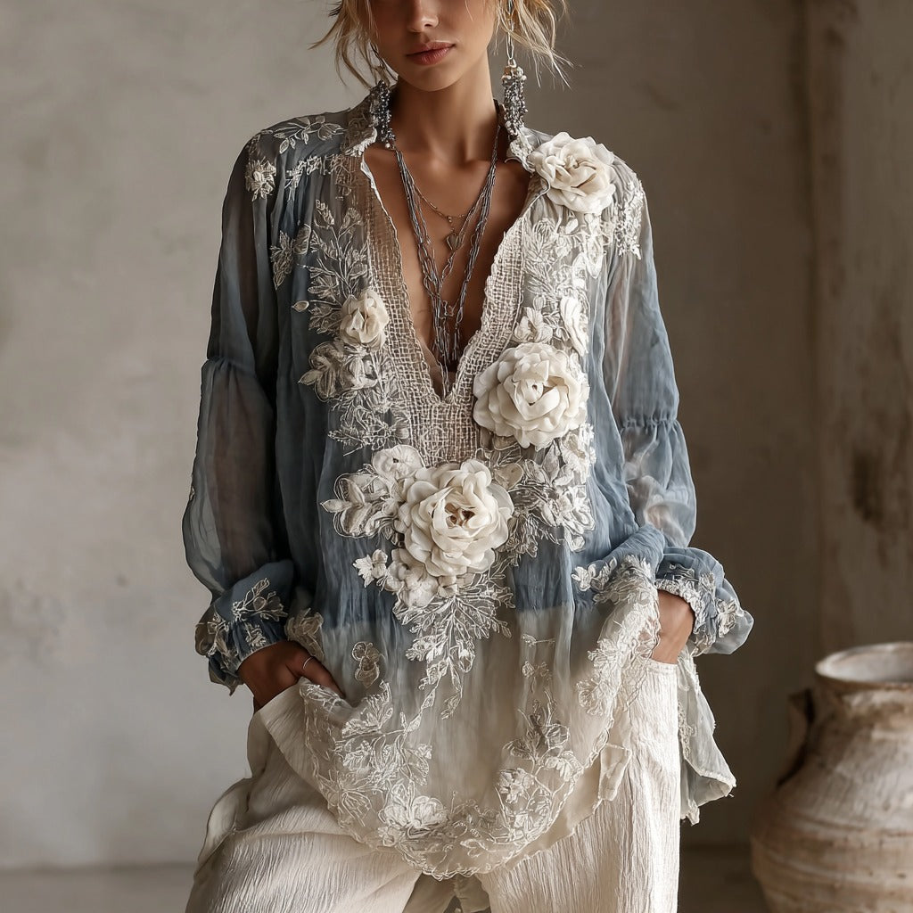 Women's Vintage White Rose Embroidery Casual Shirt elevenforest