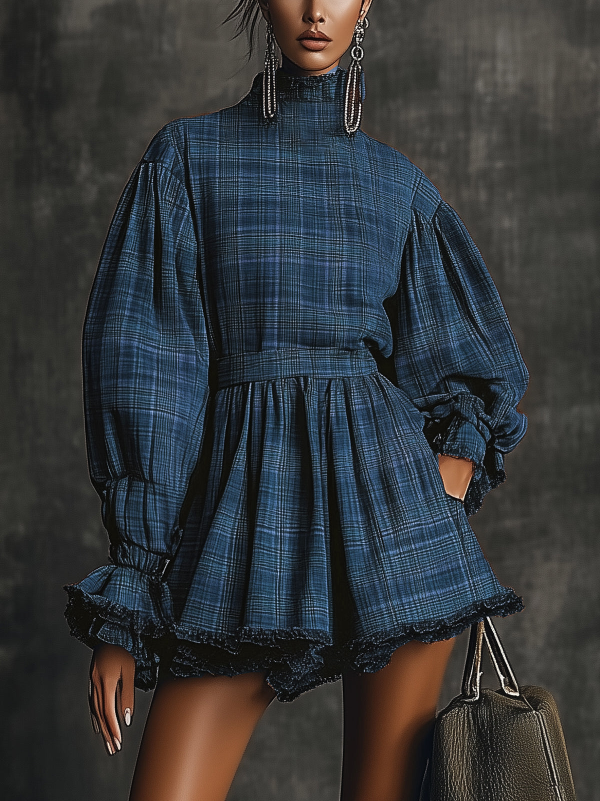 Plaid High-Neck Balloon Sleeve Mini Dress