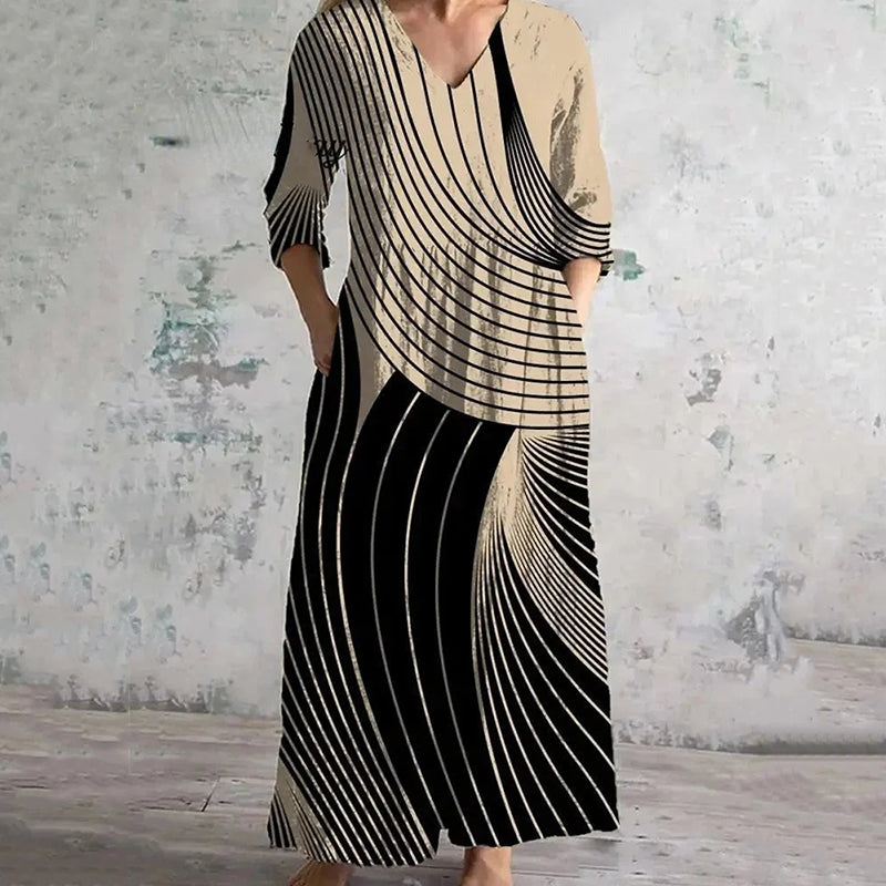 Vintage Stripe Art Pattern Women's Linen Dress elevenforest