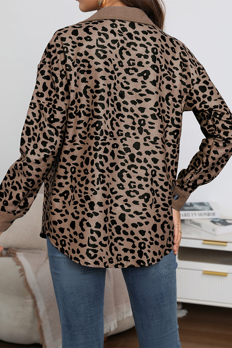 Sweet Leopard Pocket Turndown Collar Tops