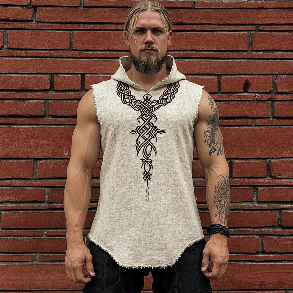 Vintage Viking Rune Linen Hooded Vest elevenforest