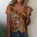 Comstylish Women's Retro Horse Print Horse Lovers Casual V-neck T-shirt