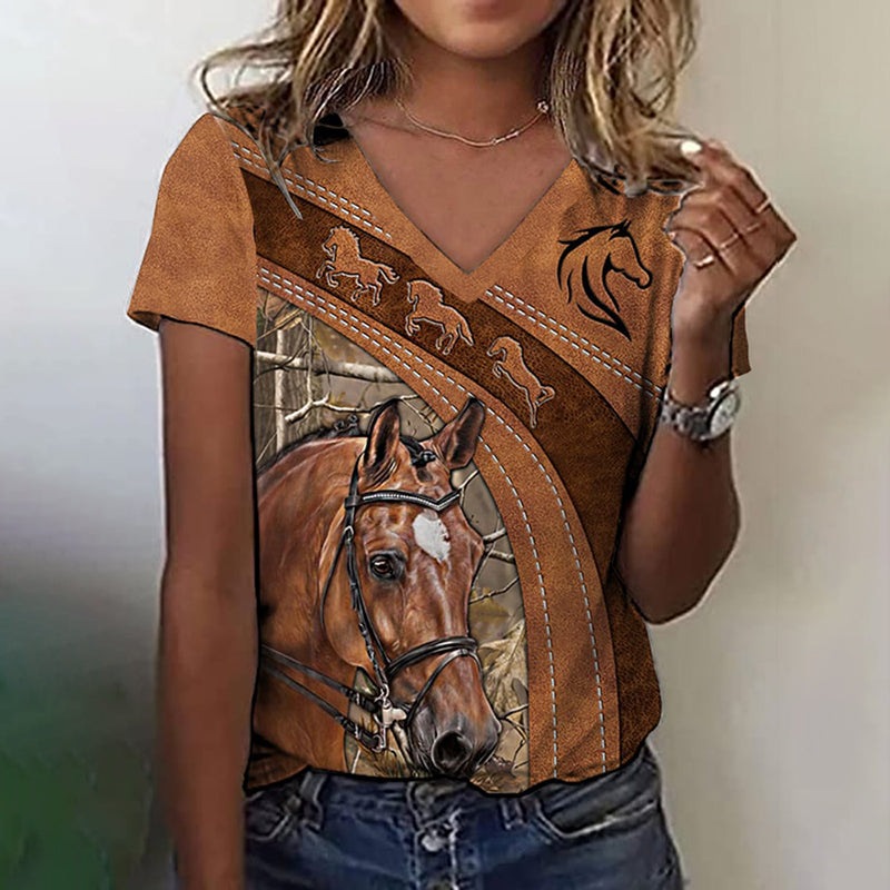 Comstylish Women's Retro Horse Print Horse Lovers Casual V-neck T-shirt