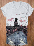 Comstylish Japanese Style Plum Cat Ink Painting Art Print Short Sleeve V-neck T-shirt