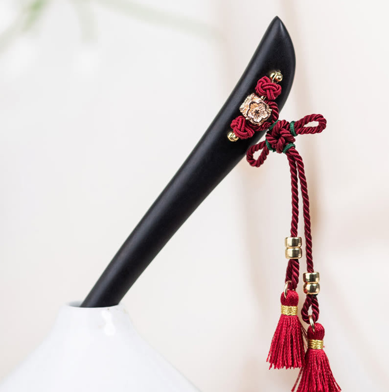 Ebony Hairpin With Red String Tassel for Protection & Luck