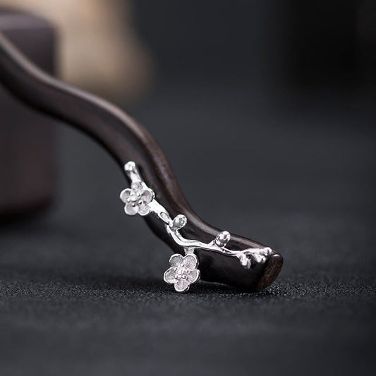 Ebony Plum Blossom Chinese Hairpin 925 Sterling Silver Classic
