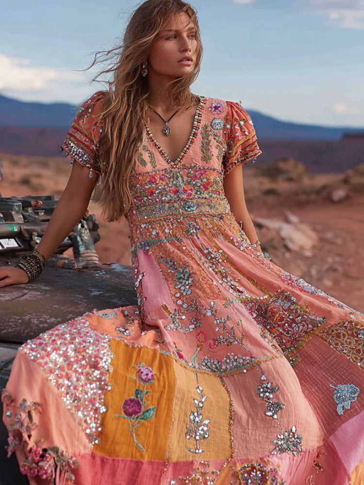 Women's Bohemian Western Patchwork Floral V-neck Retro Dress elevenforest