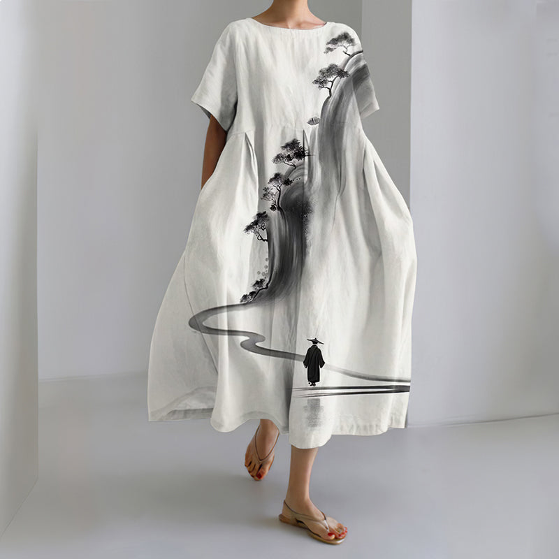 Comstylish Women's Japanese Art Landscape Painting Midi Dress