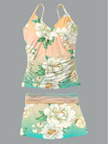 Women's Floral Printed Suspender Shirred Swimsuit Set