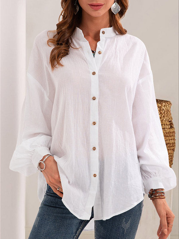 Long Sleeves Loose Buttoned Mock Neck Blouses&shirts Tops