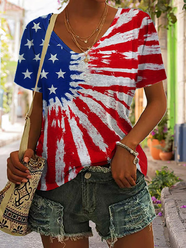 Comstylish Women's Independence Day Print V Neck T-shirt