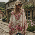 Women's Retro Roses Print V-neck Long Sleeve Linen Blend T-shirt elevenforest